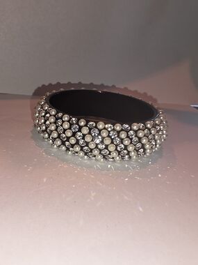 Pearl & Crystal Embellished Black Bangle Bracelet